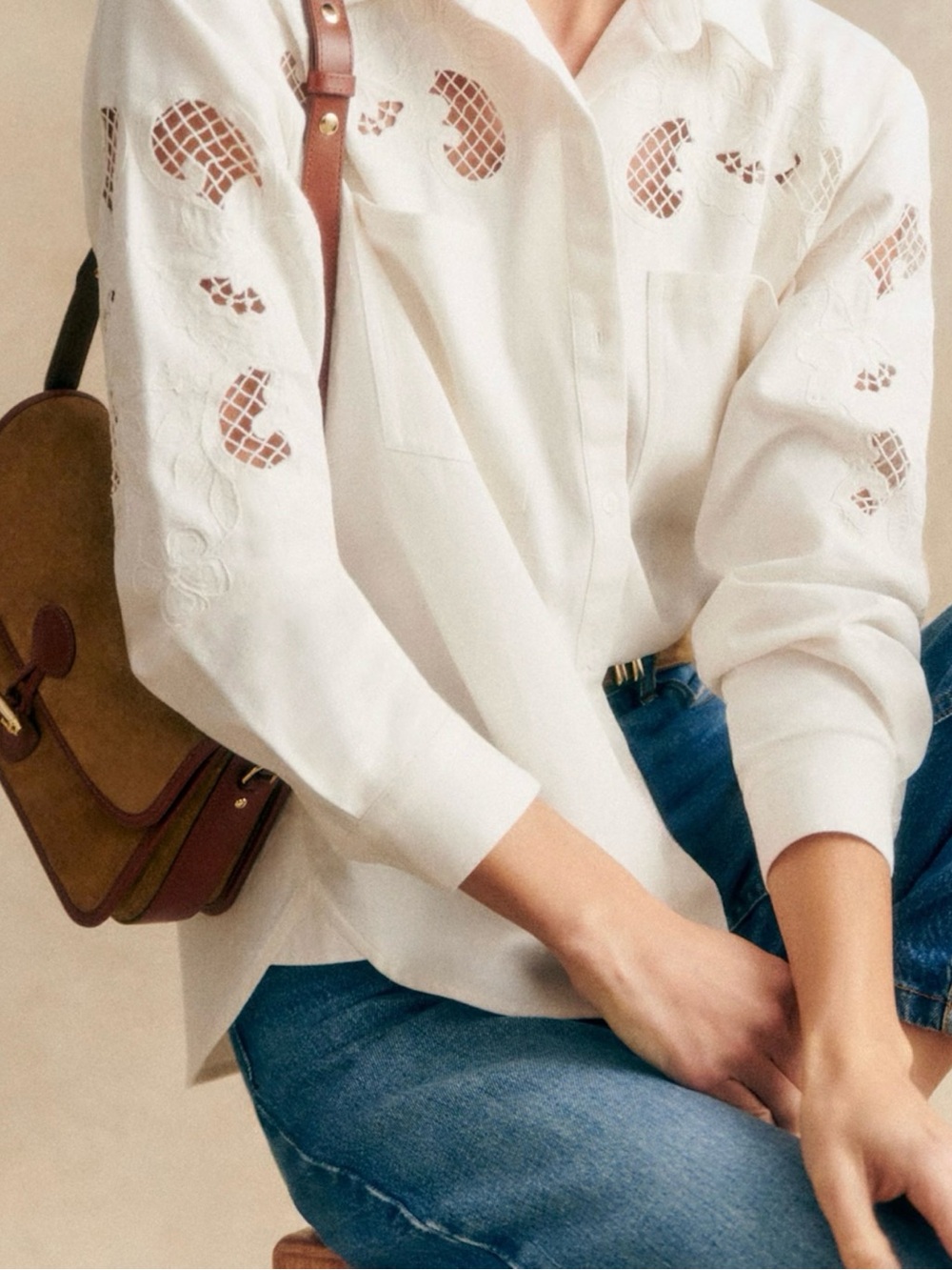 Sezane White Eyelet Button-Down Shirt
